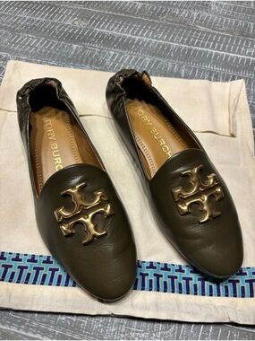 Tory Burch Olive Leather Logo Ballet Flats